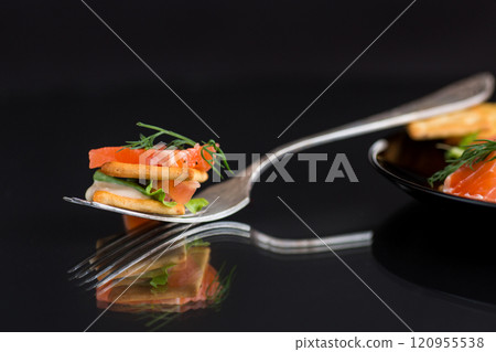 small snack canapes with crackers and lightly salted red fish Salmon, isolated on black background small snack canapes with crackers and lightly salted red fish Salmon, isolated on black background 120955538