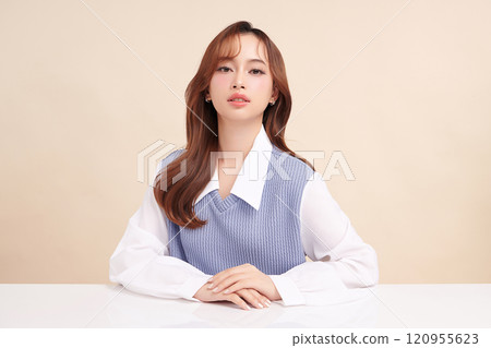 Beautiful young asian woman with clean fresh skin on beige background, Face care, Facial treatment, Cosmetology, beauty and spa, Asian women portrait. Beautiful young asian woman with clean fresh skin on beige background, Face care, Facial treatment, Cosmetology, beauty and spa, Asian women portrait. 120955623