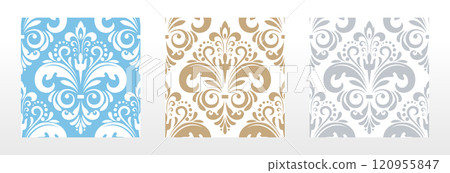 Wallpapers in the style of Baroque. Seamless vector backgrounds. Set of colored floral ornaments. Graphic patterns for fabric, wallpaper, packaging. Ornate Damask flower ornaments Wallpapers in the style of Baroque. Seamless vector backgrounds. Set of colored floral ornaments. Graphic patterns for fabric, wallpaper, packaging. Ornate Damask flower ornaments 120955847