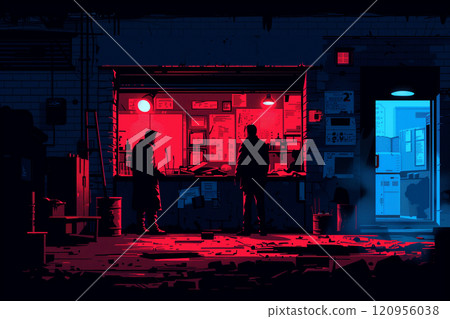 Two individuals standing in front of a building illuminated by red and blue lights 120956038