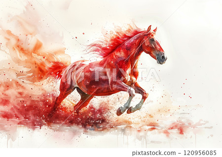 A painting of a horse, colored red, running energetically in the wind A painting of a horse, colored red, running energetically in the wind 120956085