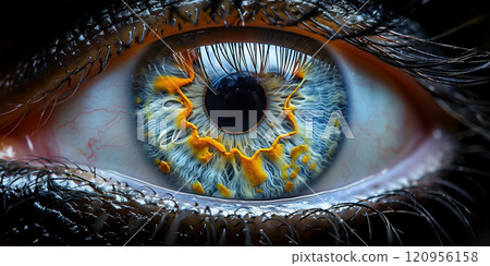 Detailed close up of a human eye with blue iris and yellow specks on a black background 120956158