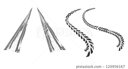 Tyre mark car or bike wheel trace, grunge textured trail silhouette. Top view, print brush stroke dirt. Speed rally dirty rubber path. 120956167