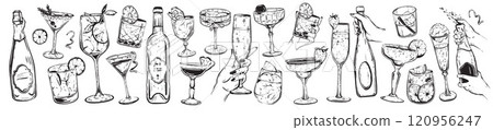 Hand drawn cocktail doodle set, vector party alcohol glass bar drinks hand drawn beverages print.  120956247