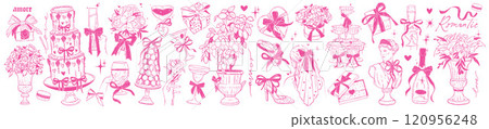 Romantic wedding doodle set, vector hand drawn coquettish anniversary illustration, bride bouquet.  120956248