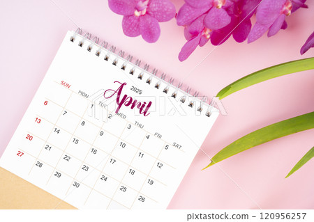 Desk calendar for April 2025 with blooming pink orchid. Desk calendar for April 2025 with blooming pink orchid. 120956257