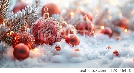 A collection of festive Christmas ornaments lying on a bed of white snow 120956408