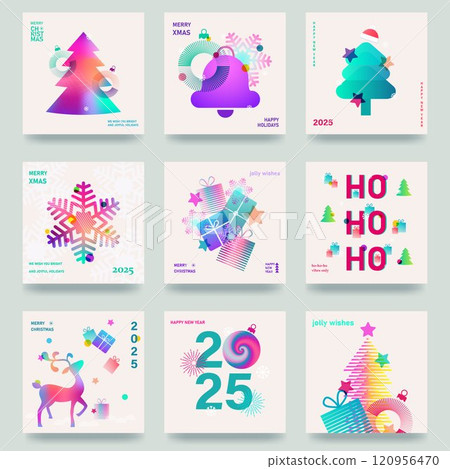 A large set of colorful cards, flyers, posters for the New Year 2025. Christmas greetings. Modern minimalist style. Gradient colors A large set of colorful cards, flyers, posters for the New Year 2025. Christmas greetings. Modern minimalist style. Gradient colors 120956470