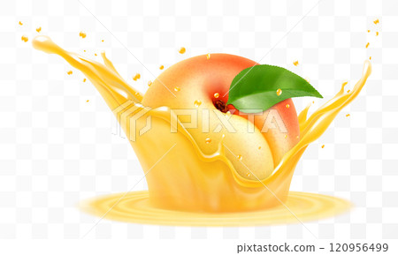 Apricot juice. Fresh ripe apricot falls into a splash of juice, isolated on transparent background. Realistic 3d vector illustration. Summer vitamin food and drink. Apricot smoothie splash 120956499