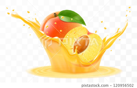 Apricot juice. Fresh ripe apricot falls into a splash of juice, isolated on transparent background. Realistic 3d vector illustration. Summer vitamin food and drink. Apricot smoothie splash Apricot juice. Fresh ripe apricot falls into a splash of juice, isolated on transparent background. Realistic 3d vector illustration. Summer vitamin food and drink. Apricot smoothie splash 120956502