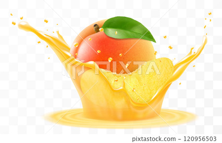 Apricot juice. Fresh ripe apricot falls into a splash of juice, isolated on transparent background. Realistic 3d vector illustration. Summer vitamin food and drink. Apricot smoothie splash 120956503