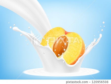 Fresh ripe apricot falls into a splash of yogurt or milk, cocktail splash with drops, Milkshake splash with sweet juicy fruit. Realistic 3d vector illustration Fresh ripe apricot falls into a splash of yogurt or milk, cocktail splash with drops, Milkshake splash with sweet juicy fruit. Realistic 3d vector illustration 120956508