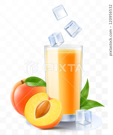 A glass of fresh apricot juice or smoothie with ice cubes. Cup of cocktail or yogurt with ripe sweet apricot fruits, isolated on transparent background. Realistic 3d vector 120956532