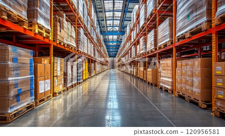Rows of stacked boxes fill a large warehouse aisle. Concept of industrial storage and organization. For logistics-related presentations or articles. Rows of stacked boxes fill a large warehouse aisle. Concept of industrial storage and organization. For logistics-related presentations or articles. 120956581