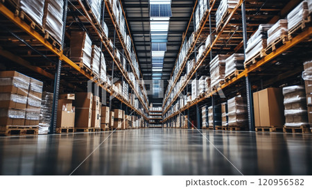 Boxes are stacked on tall shelves inside a warehouse. Concept of storage and logistics. For business presentation 120956582