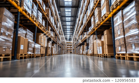 Boxes and packages are stacked on tall shelves in a large warehouse. Concept is logistics and storage. For business presentations Boxes and packages are stacked on tall shelves in a large warehouse. Concept is logistics and storage. For business presentations 120956583