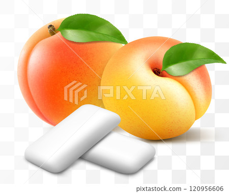 Bubble gum with an apricot or peach flavor. Pads of bubble gum spearmint for fresh breathing. Chewing gums for healthy teeth and dental hygiene. Refreshing candy. Realistic 3D vector illustration 120956606