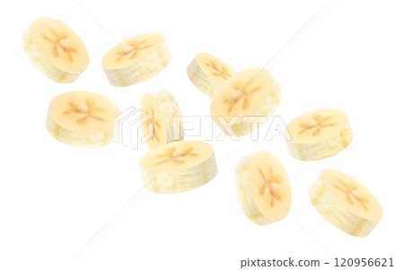 Banana background. Flying peeled banana slices. Unfocused and blurry effect. Can be used for wallpaper, banner, poster, print, fabric, wrapping paper. Realistic 3d vector illustration Banana background. Flying peeled banana slices. Unfocused and blurry effect. Can be used for wallpaper, banner, poster, print, fabric, wrapping paper. Realistic 3d vector illustration 120956621