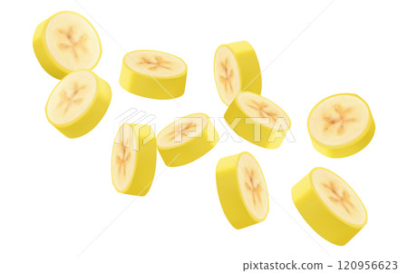 Banana background. Flying banana slices Unfocused and blurry effect. Can be used for wallpaper, banner, poster, print, fabric, wrapping paper. Realistic 3d vector illustration Banana background. Flying banana slices Unfocused and blurry effect. Can be used for wallpaper, banner, poster, print, fabric, wrapping paper. Realistic 3d vector illustration 120956623