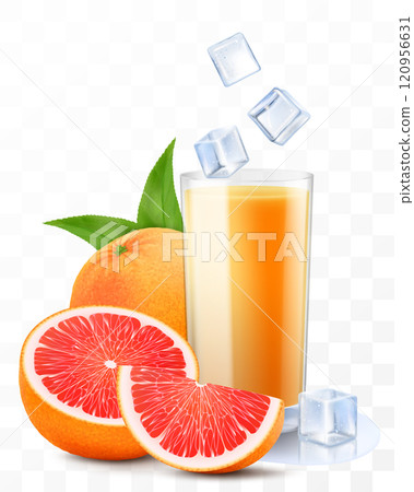 A glass of fresh grapefruit juice or smoothie with ice cubes falling into the glass. Cup of cocktail or yogurt with grapefruit, isolated on transparent background. Realistic 3d vector illustration 120956631