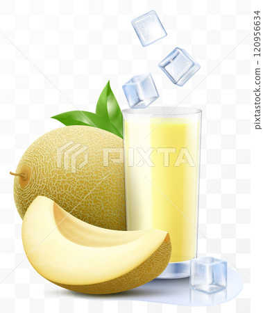 A glass of fresh melon juice or smoothie with ice cubes. Cup of cocktail or yogurt with ripe sweet melon fruits, isolated on transparent background. Realistic 3d vector A glass of fresh melon juice or smoothie with ice cubes. Cup of cocktail or yogurt with ripe sweet melon fruits, isolated on transparent background. Realistic 3d vector 120956634