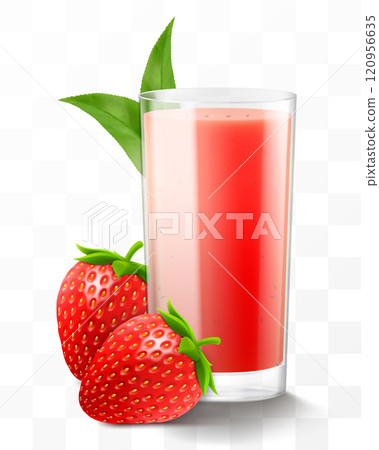 A glass of fresh strawberry juice or smoothie. Cup of cocktail or yogurt with strawberry, isolated on transparent background. Realistic 3d vector illustration A glass of fresh strawberry juice or smoothie. Cup of cocktail or yogurt with strawberry, isolated on transparent background. Realistic 3d vector illustration 120956635