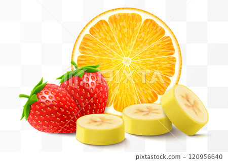 Fresh fruits and berries isolated on transparent background. Strawberry, banana slices and orange. Concept of healthy food, Can be used as multifruit juice packaging design. 3D realistic vector set 120956640