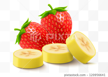Fresh fruits and berries isolated on transparent background. Strawberry, banana slices. Concept of healthy food, vegetarian dieting. 3D realistic vector set 120956641
