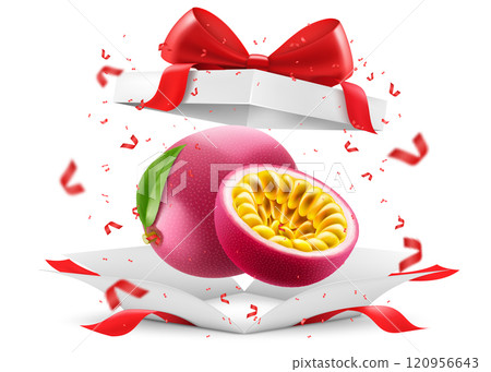 Passion fruit in a gift box with a red bow isolated on transparent background. Ripe purple passion fruit or passiflora edulis for package design. Realistic 3d Vector illustration of tropical fruits. Passion fruit in a gift box with a red bow isolated on transparent background. Ripe purple passion fruit or passiflora edulis for package design. Realistic 3d Vector illustration of tropical fruits. 120956643