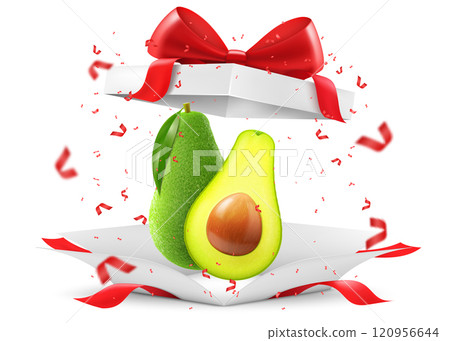 Fresh fruit avocado in a gift box with a red bow isolated on transparent background. Whole and halved avocado with bone. Green avocado for healthy eating. Realistic 3d vector illustration. 120956644