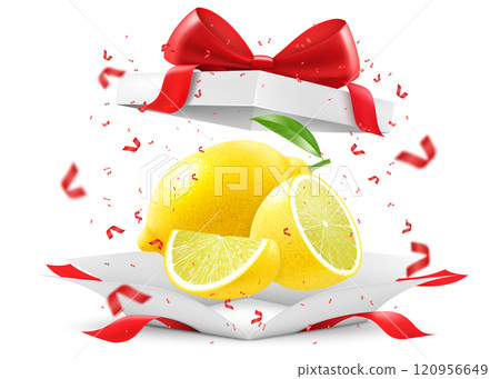 Bright lemon fruit in open gift box with a red bow isolated on transparent background. Fresh juicy lemon as a gift. Ripe fruits for healthy eating. Realistic 3d vector illustration. Bright lemon fruit in open gift box with a red bow isolated on transparent background. Fresh juicy lemon as a gift. Ripe fruits for healthy eating. Realistic 3d vector illustration. 120956649