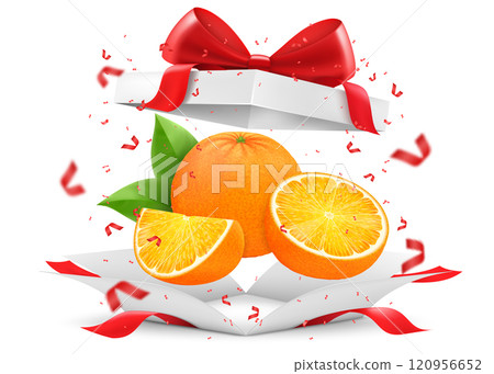 Orange in open gift box with a red bow isolated on transparent background. Fresh juicy orange as a gift. Ripe fruits for healthy eating. Realistic 3d vector illustration. 120956652