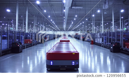 Robots move along a large warehouse aisle under bright lights. Concept of automation and logistics. For technology and modern industry visuals. 120956655