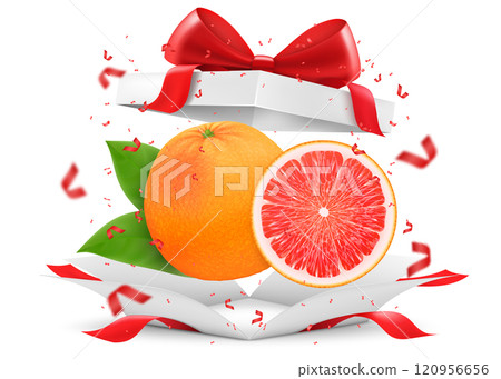Grapefruit in open gift box with a red bow isolated on transparent background. Fresh juicy grapefruit as a gift. Ripe fruits for healthy eating. Realistic 3d vector illustration. Grapefruit in open gift box with a red bow isolated on transparent background. Fresh juicy grapefruit as a gift. Ripe fruits for healthy eating. Realistic 3d vector illustration. 120956656