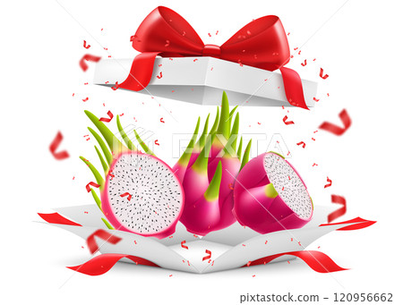 Exotic dragon fruit in open gift box with a red bow isolated on transparent background. Fresh ripe Pitaya with white flesh and seeds. Summer tropical vitamin food. Realistic 3d vector illustration Exotic dragon fruit in open gift box with a red bow isolated on transparent background. Fresh ripe Pitaya with white flesh and seeds. Summer tropical vitamin food. Realistic 3d vector illustration 120956662