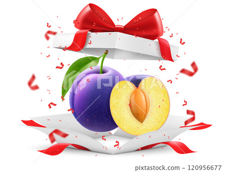 Sweet purple plums in open gift box with a red bow isolated on transparent background. Delicious sweet fruit. Realistic 3d vector illustration. Summer design. Healthy food, Sweet purple plums in open gift box with a red bow isolated on transparent background. Delicious sweet fruit. Realistic 3d vector illustration. Summer design. Healthy food, 120956677