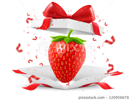 Fresh juicy strawberry in open gift box with a red bow isolated on transparent background. Delicious sweet berry as a gift. Realistic 3d vector illustration. Healthy food, vegetarian dieting Fresh juicy strawberry in open gift box with a red bow isolated on transparent background. Delicious sweet berry as a gift. Realistic 3d vector illustration. Healthy food, vegetarian dieting 120956678