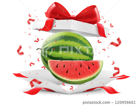 Fresh watermelon in open gift box with a red bow isolated on transparent background. A whole watermelon and pieces of a delicious watermelon. Realistic 3d vector illustration. Bright fruit composition 120956681