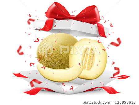 Fresh melon in open gift box with a red bow isolated on transparent background. A whole sweet melon and pieces of a delicious melon. Realistic 3d vector illustration. Bright fruit composition 120956683