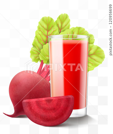 A glass of fresh beet juice or smoothie. Cup of cocktail with beetroot vegetable, isolated on transparent background. Realistic 3d vector illustration A glass of fresh beet juice or smoothie. Cup of cocktail with beetroot vegetable, isolated on transparent background. Realistic 3d vector illustration 120956699
