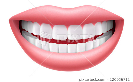 Smile with white teeth, lips and teeth, isolated on white background, Realistic 3D vector illustration Smile with white teeth, lips and teeth, isolated on white background, Realistic 3D vector illustration 120956711