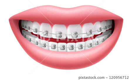 Smile with white teeth and braces isolated on white background. Teeth dental braces. Realistic 3D Vector illustration Smile with white teeth and braces isolated on white background. Teeth dental braces. Realistic 3D Vector illustration 120956712