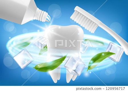 Teeth brushing. Toothbrush cleans the white healthy tooth. Stomatological procedure, oral health. Tooth protection, caries prevention dental clinic service, hygiene routine. Realistic 3d vector banner 120956717