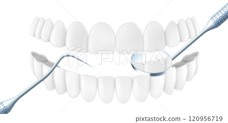 Teeth with dental scaler and stainless steel mouth mirror isolated on white background. Dental professional tools for treating human teeth and oral cavity. Realistic 3d vector illustration. 120956719