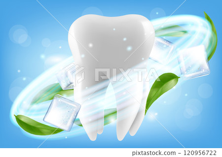 Detailed White Healthy Tooth with Green Mint Leaves. Protective vortex around tooth. Whitening of human tooth. Teeth protection, tooth care dental medical vector concept. 3d vector illustration. 120956722