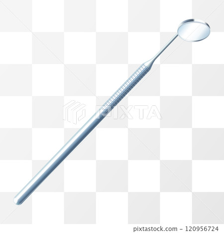 Stainless steel mouth mirror for dentist isolated on transparent background. Dental professional tools for monitoring and treating human teeth and oral cavity. Realistic 3d vector illustration. Stainless steel mouth mirror for dentist isolated on transparent background. Dental professional tools for monitoring and treating human teeth and oral cavity. Realistic 3d vector illustration. 120956724