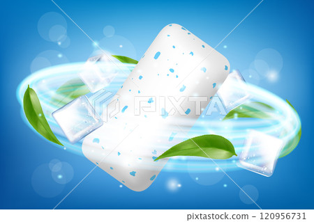 Chewing gum, with ice cubes and mint leaves. Green leaves spearmint for fresh breathing. Refreshing sweet candy, Advertising banner. Realistic 3D vector illustration 120956731