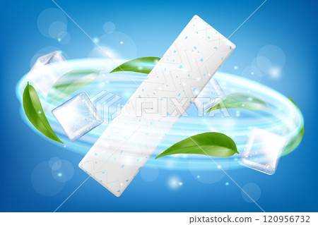 Chewing gum, with ice cubes and mint leaves. Green leaves spearmint for fresh breathing. Refreshing sweet candy, Advertising banner. Realistic 3D vector illustration 120956732