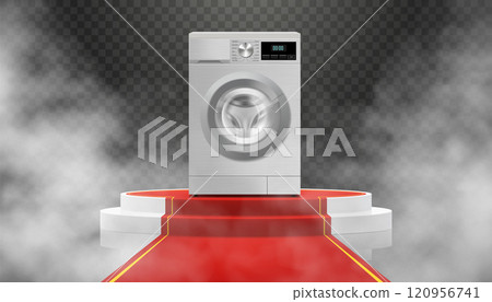 Illuminated podium or Pedestal with red path and washing machine. Modern, realistic 3d vector illustration of home appliances. Front view, close-up. 120956741