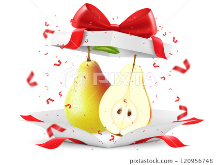 Ripe juicy pear in open gift box with a red bow isolated on transparent background. A whole pear and pieces of a delicious pear as a gift. Realistic 3d vector illustration. Bright fruit composition Ripe juicy pear in open gift box with a red bow isolated on transparent background. A whole pear and pieces of a delicious pear as a gift. Realistic 3d vector illustration. Bright fruit composition 120956748
